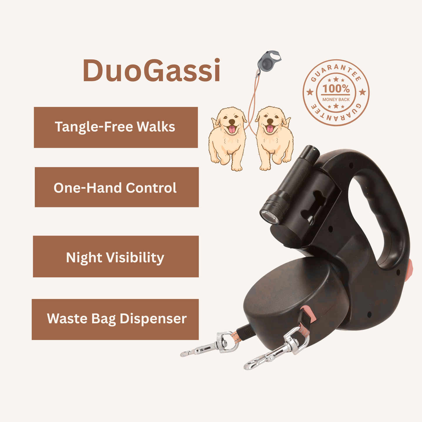 DuoGassi™ – The smart dual leash with light & waste bag dispenser